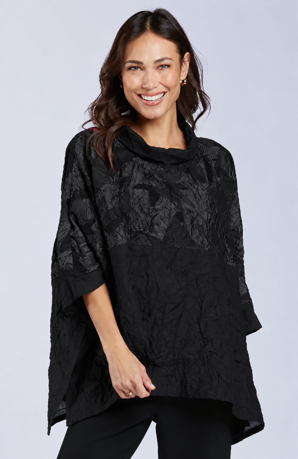 Sydney Project Toni Oversized Crinkle Cowl Neck Abstract Colorblock Top - CJT1133 - BLACK