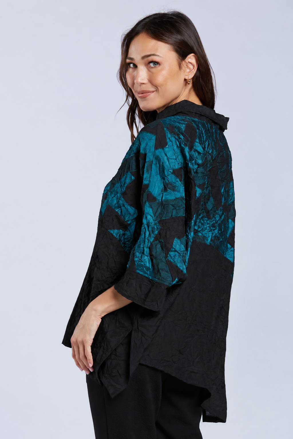 Sydney Project Toni Oversized Crinkle Cowl Neck Abstract Colorblock Top - CJT1133 - JADE