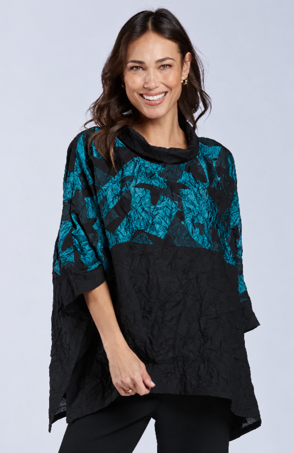 Sydney Project Toni Oversized Crinkle Cowl Neck Abstract Colorblock Top - CJT1133 - JADE
