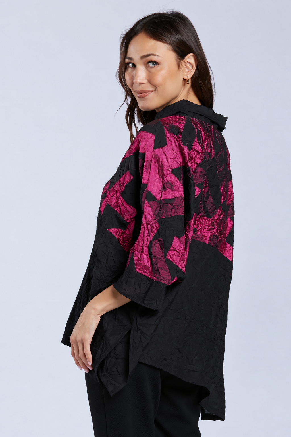 Sydney Project Toni Oversized Crinkle Cowl Neck Abstract Colorblock Top - CJT1133 - MAGENTA