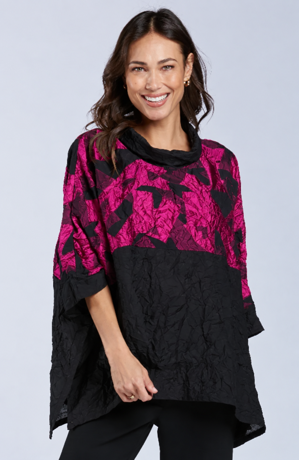 Sydney Project Toni Oversized Crinkle Cowl Neck Abstract Colorblock Top - CJT1133 - MAGENTA