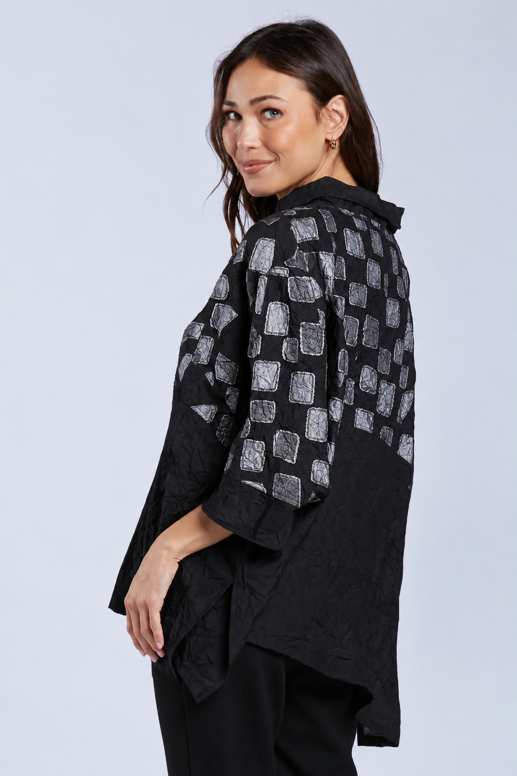 Sydney Project Toni Oversized Crinkle Cowl Neck Abstract Colorblock Top - CJT1133 - SILVER PEBBLES