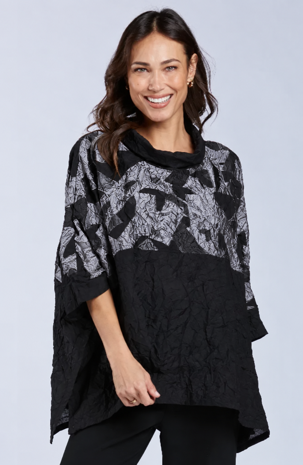 Sydney Project Toni Oversized Crinkle Cowl Neck Abstract Colorblock Top - CJT1133 - SILVER