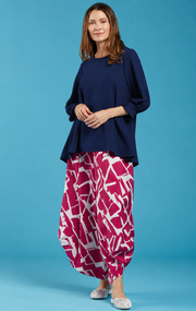 Sydney Project Peggy Round Neck Long Flowy Top w/ Reuched Cuffed Sleeves - AFT1157 - PEGGY - NAVY