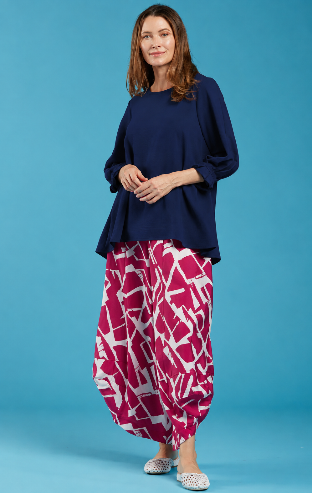 Sydney Project Peggy Round Neck Long Flowy Top w/ Reuched Cuffed Sleeves - AFT1157 - PEGGY - NAVY