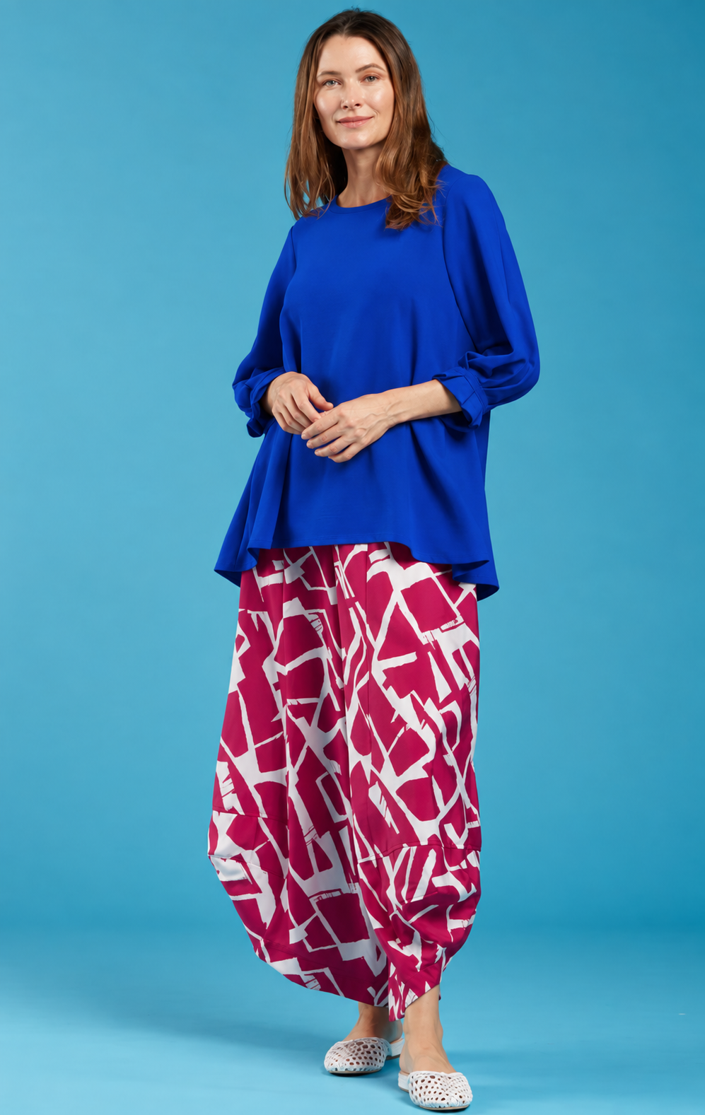 Sydney Project Peggy Round Neck Long Flowy Top w/ Reuched Cuffed Sleeves - AFT1157 - ROYAL BLUE
