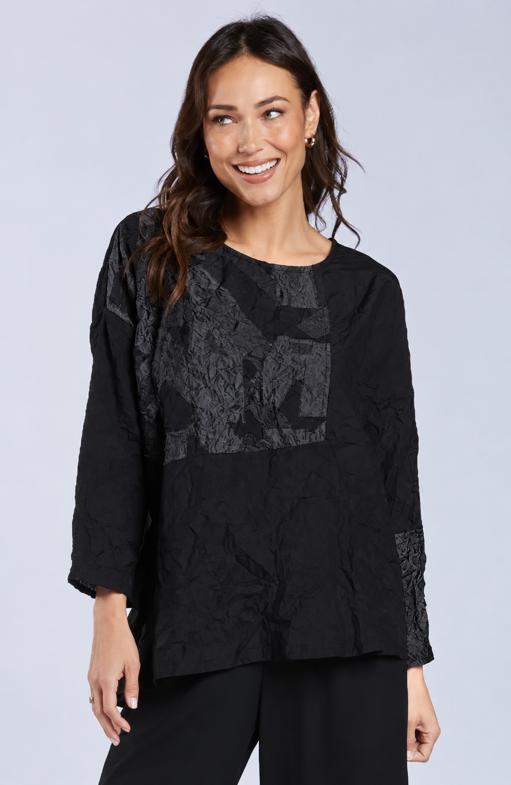 Sydney Project Alice Abstract Round Neck Color Block Long Sleeve Top - CJT1168 - BLACK