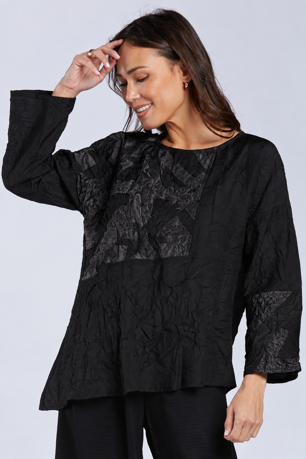 Sydney Project Alice Abstract Round Neck Color Block Long Sleeve Top - CJT1168 - BLACK