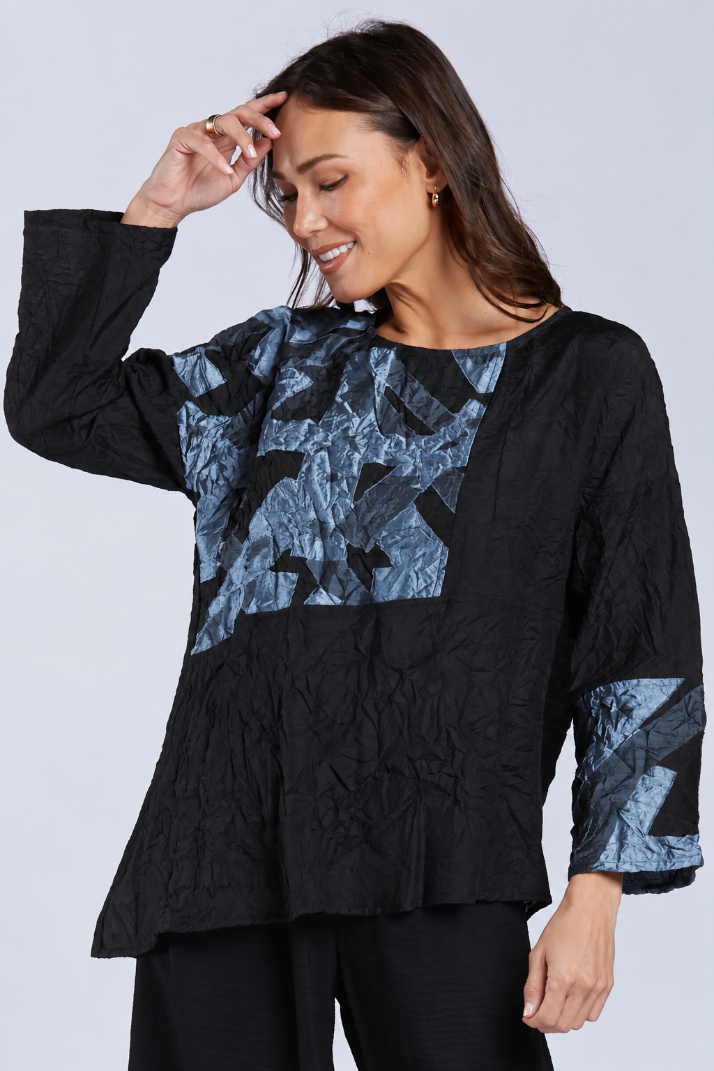 Sydney Project Alice Abstract Round Neck Color Block Long Sleeve Top - CJT1168 - BLUE GREY