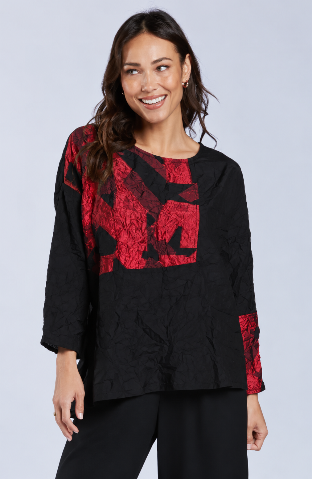 Sydney Project Alice Abstract Round Neck Color Block Long Sleeve Top - CJT1168 - CRIMSON