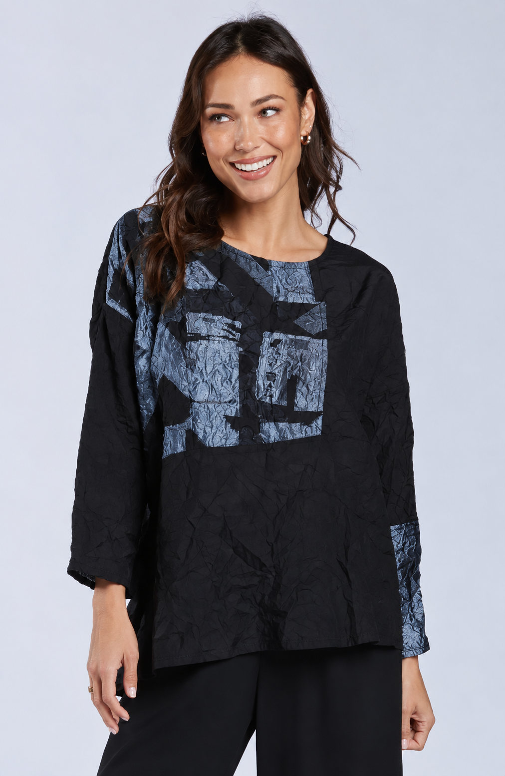 Sydney Project Alice Abstract Round Neck Color Block Long Sleeve Top - CJT1168 - ICE BLUE