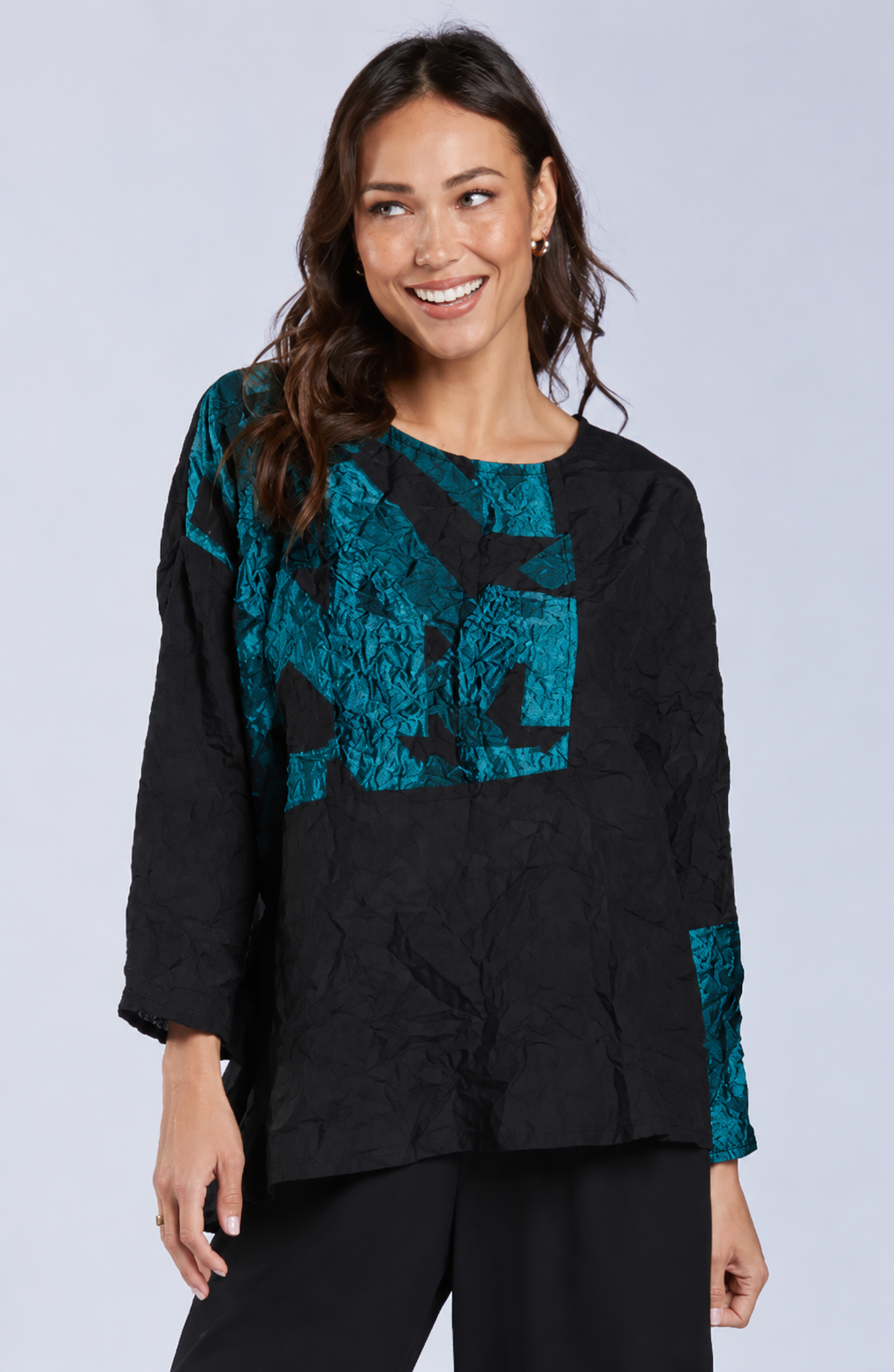 Sydney Project Alice Abstract Round Neck Color Block Long Sleeve Top - CJT1168 - JADE