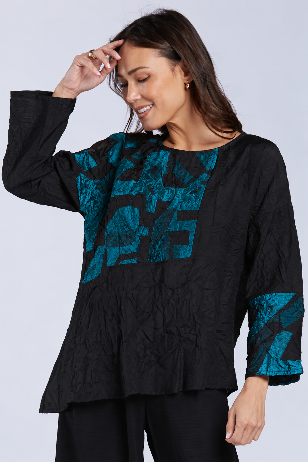 Sydney Project Alice Abstract Round Neck Color Block Long Sleeve Top - CJT1168 - JADE