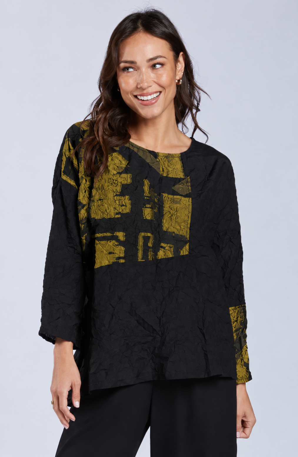 Sydney Project Alice Abstract Round Neck Color Block Long Sleeve Top - CJT1168 - KIWI
