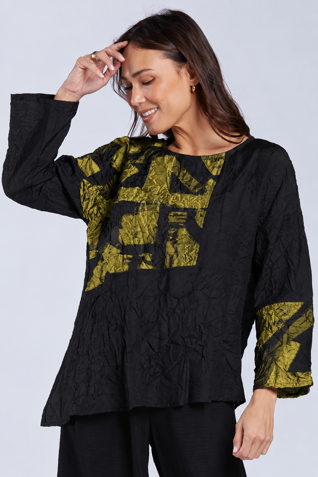 Sydney Project Alice Abstract Round Neck Color Block Long Sleeve Top - CJT1168 - KIWI