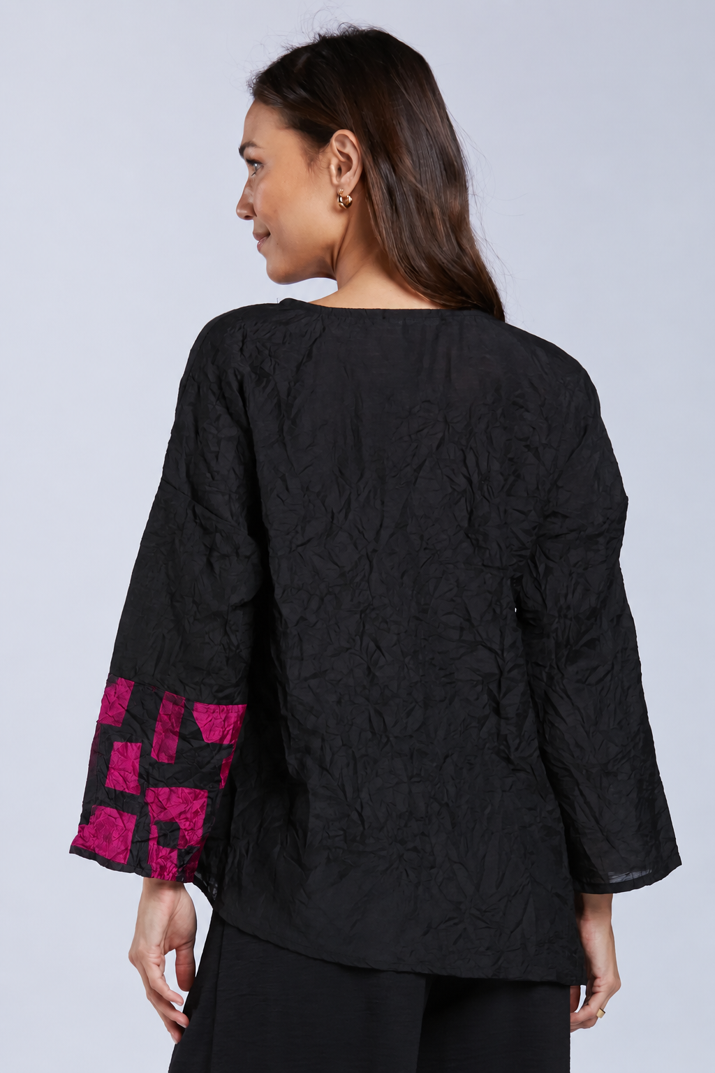 Sydney Project Alice Abstract Round Neck Color Block Long Sleeve Top - CJT1168 - MAGENTA