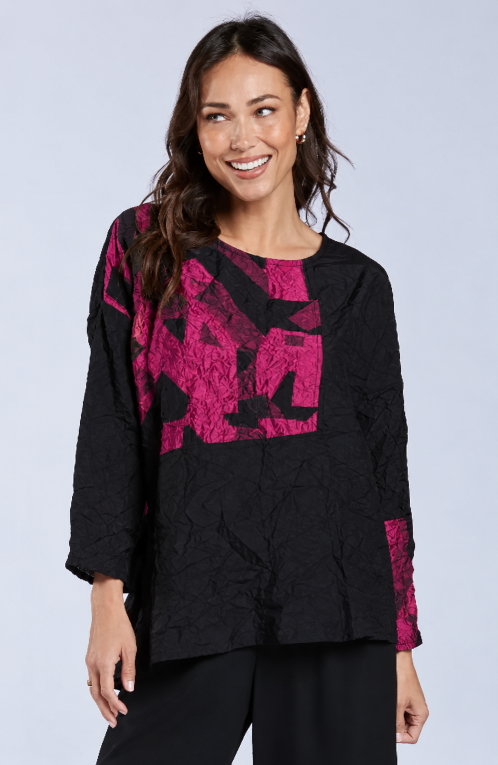 Sydney Project Alice Abstract Round Neck Color Block Long Sleeve Top - CJT1168 - MAGENTA