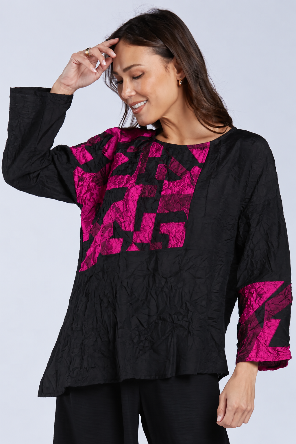 Sydney Project Alice Abstract Round Neck Color Block Long Sleeve Top - CJT1168 - MAGENTA