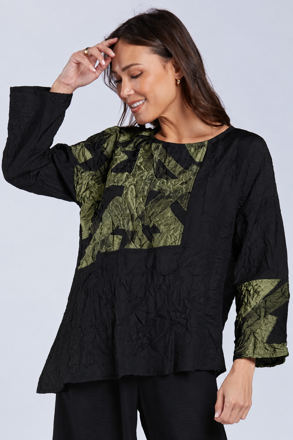 Sydney Project Alice Abstract Round Neck Color Block Long Sleeve Top - CJT1168 - OLIVE