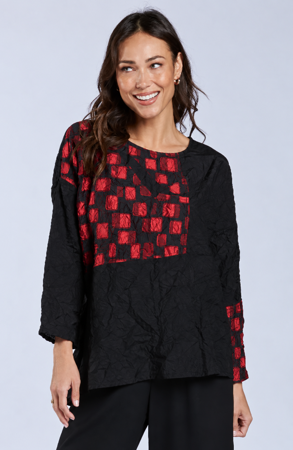Sydney Project Alice Abstract Round Neck Color Block Long Sleeve Top - CJT1168 - RED PEBBLES
