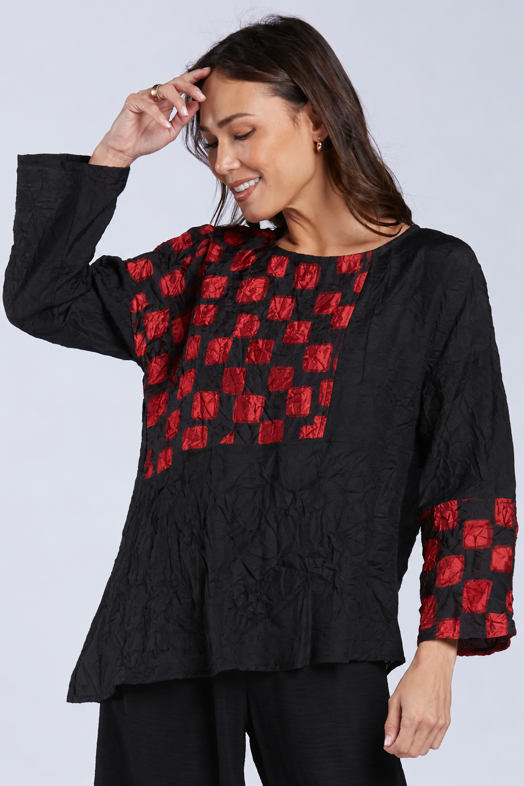 Sydney Project Alice Abstract Round Neck Color Block Long Sleeve Top - CJT1168 - RED PEBBLES