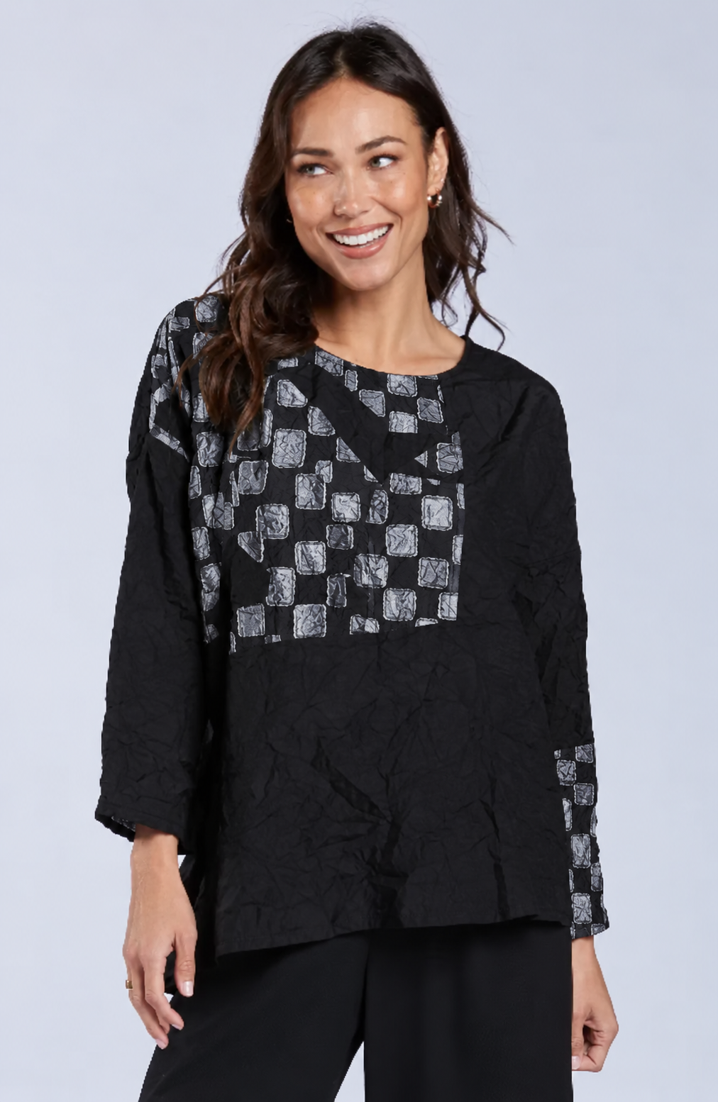 Sydney Project Alice Abstract Round Neck Color Block Long Sleeve Top - CJT1168 - SILVER PEBBLES