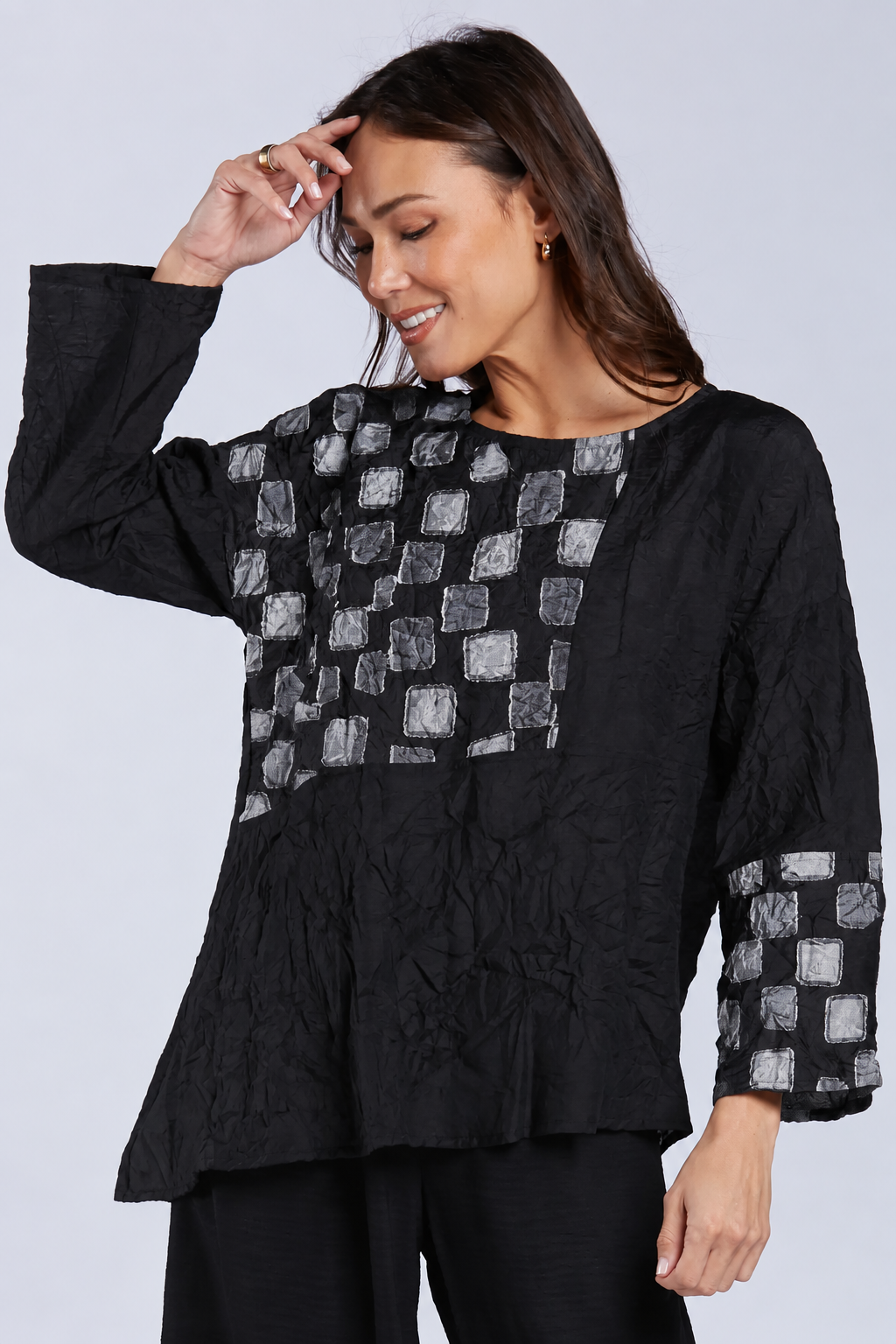 Sydney Project Alice Abstract Round Neck Color Block Long Sleeve Top - CJT1168 - SILVER PEBBLES