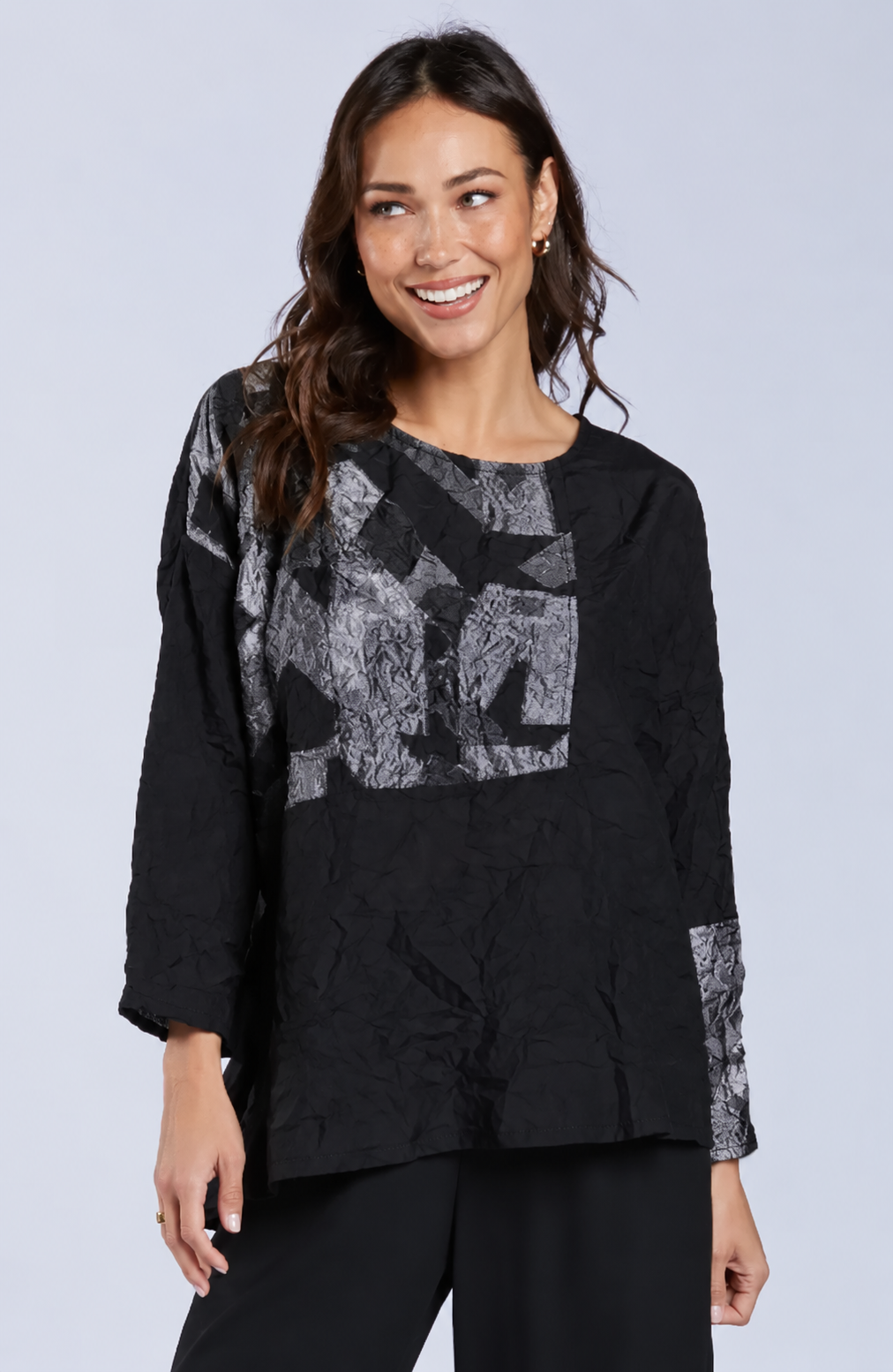 Sydney Project Alice Abstract Round Neck Color Block Long Sleeve Top - CJT1168 - SILVER