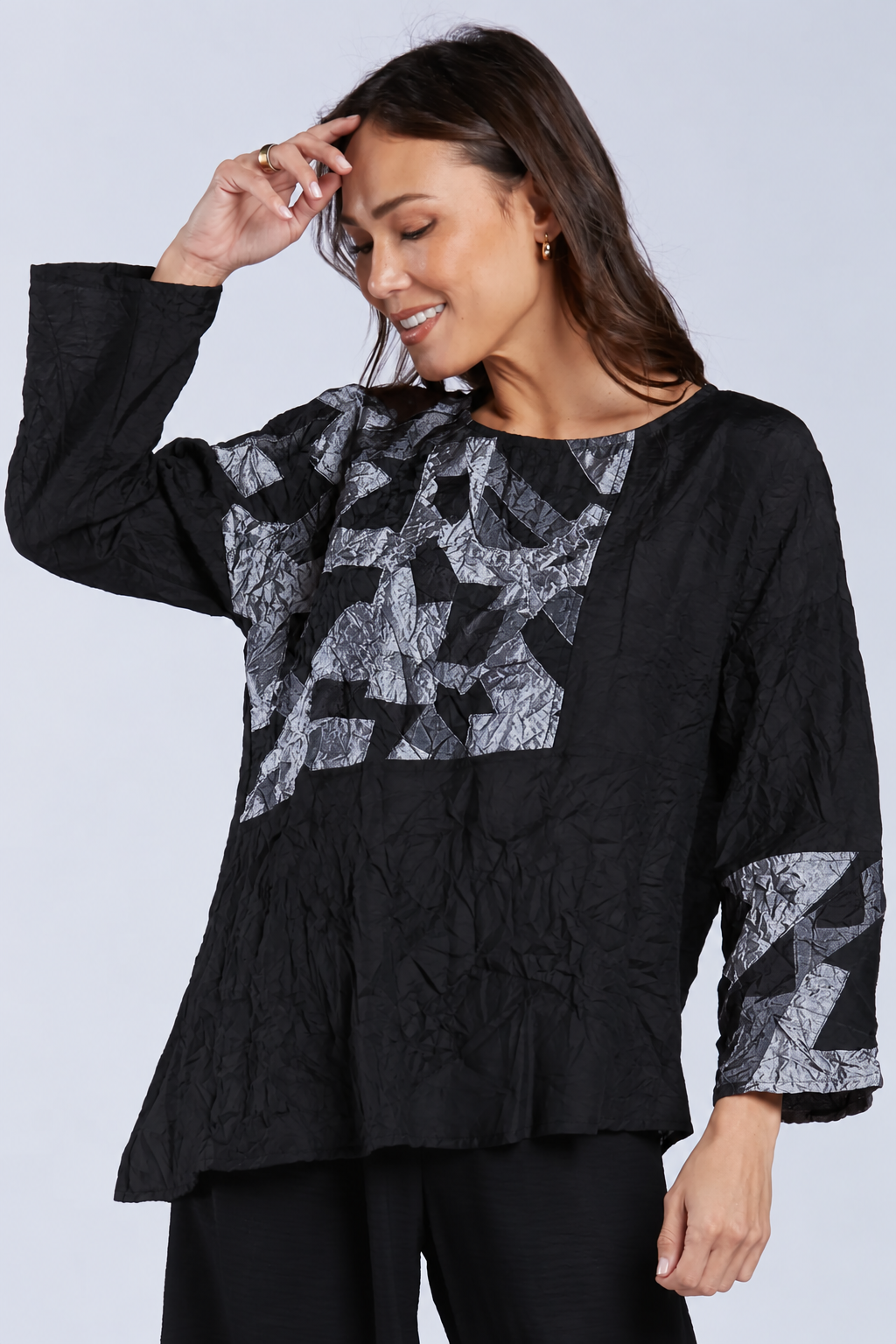 Sydney Project Alice Abstract Round Neck Color Block Long Sleeve Top - CJT1168 - SILVER