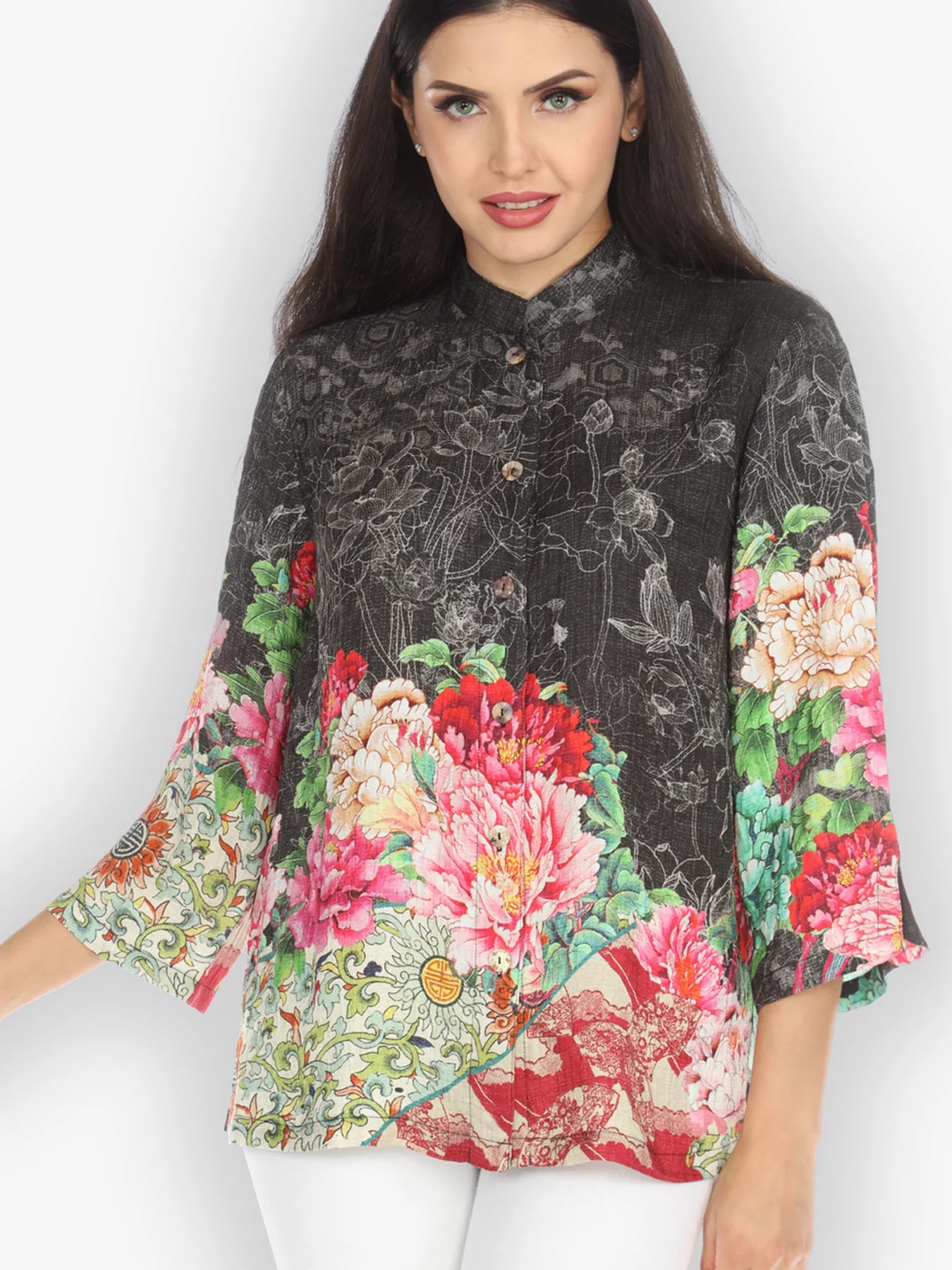 Citron "Attractive Flower Border" Silk Blouse - 1213AFB - S ONLY