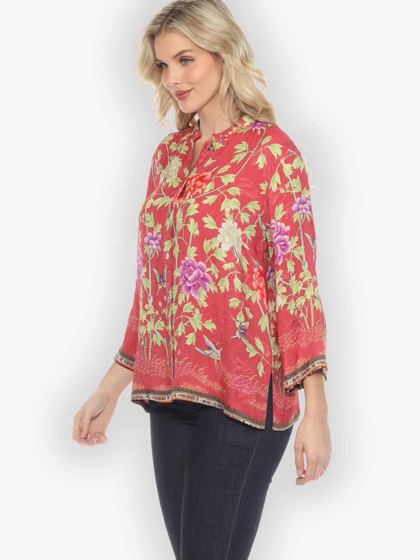 Citron "Border Floral Butterflies" Silk Blouse - 1213BFB