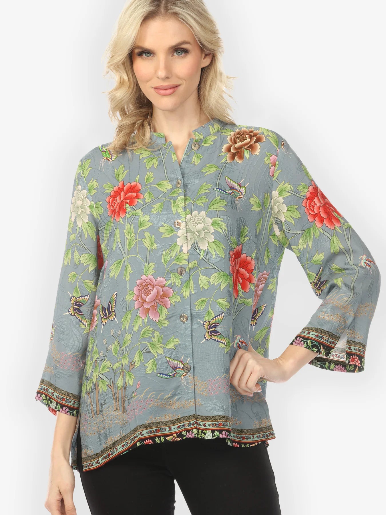 Citron "Border Floral Butterflies in Light Blue" Silk Blouse - 1213BFBL