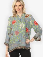 Citron "Border Floral Butterflies in Light Blue" Silk Blouse - 1213BFBL