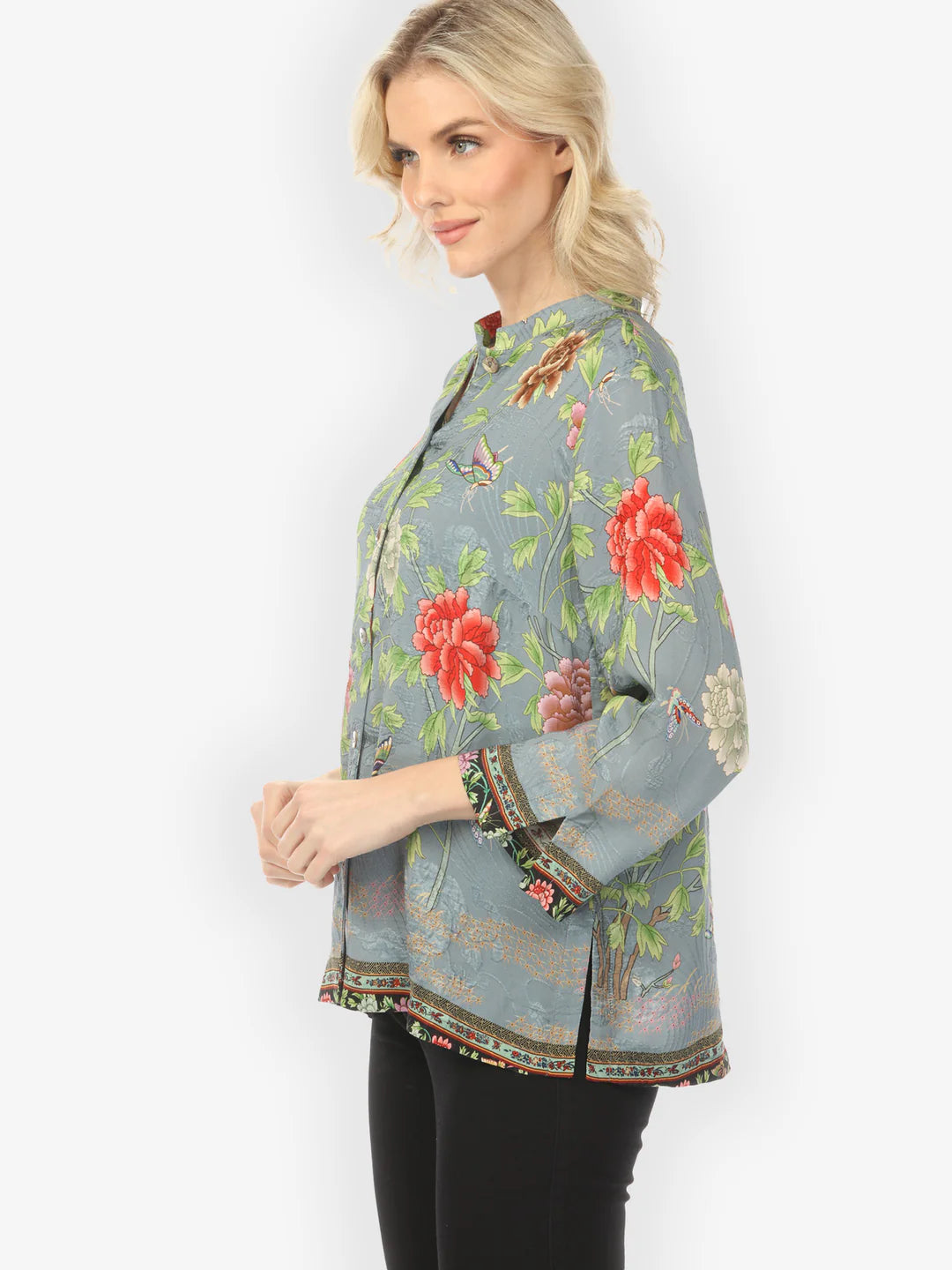 Citron "Border Floral Butterflies in Light Blue" Silk Blouse - 1213BFBL