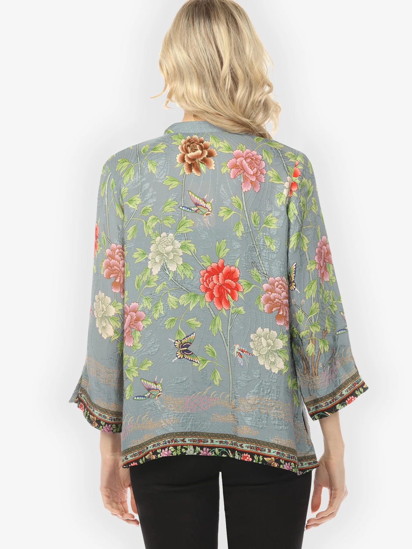 Citron "Border Floral Butterflies in Light Blue" Silk Blouse - 1213BFBL