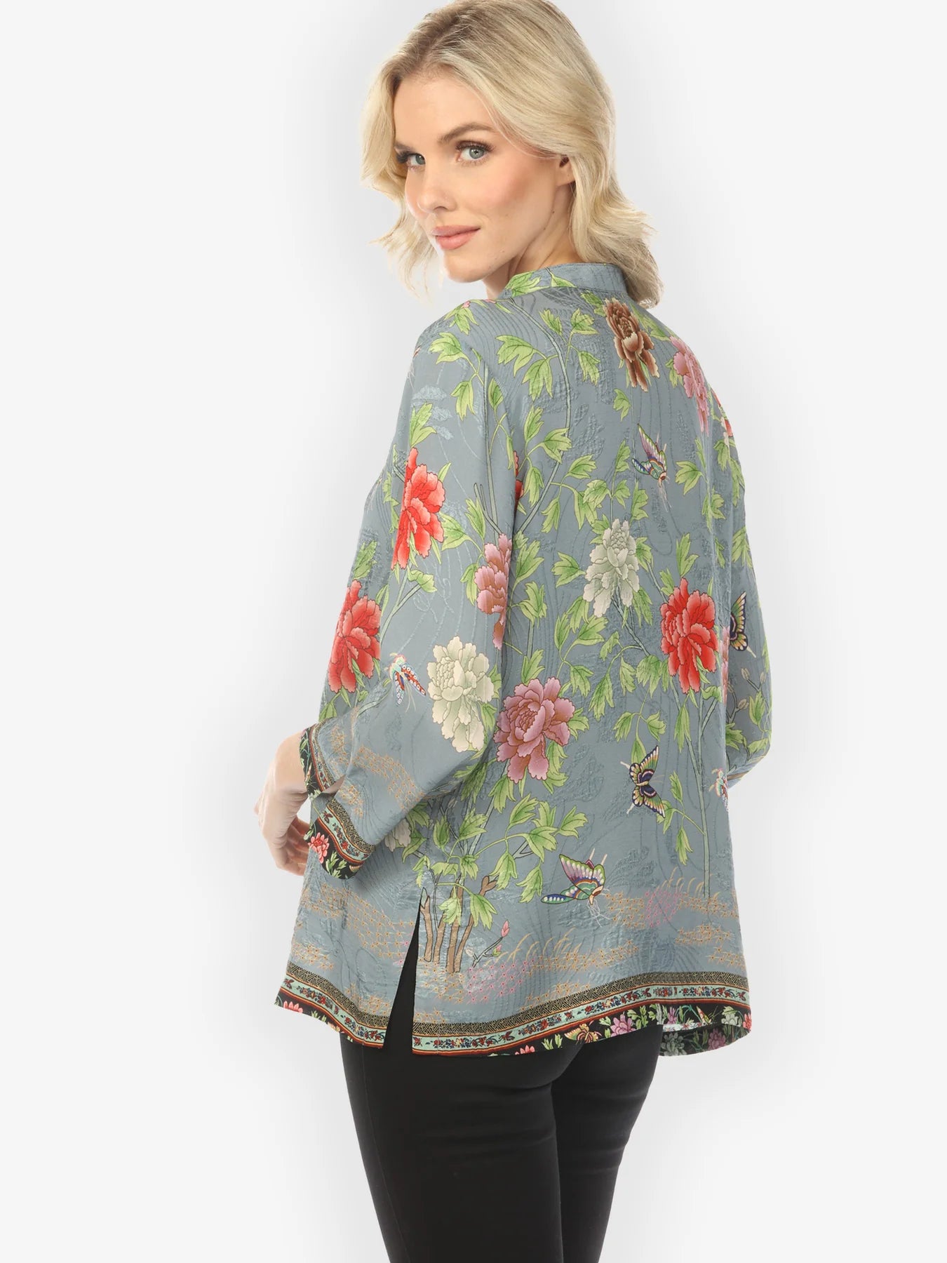 Citron "Border Floral Butterflies in Light Blue" Silk Blouse - 1213BFBL