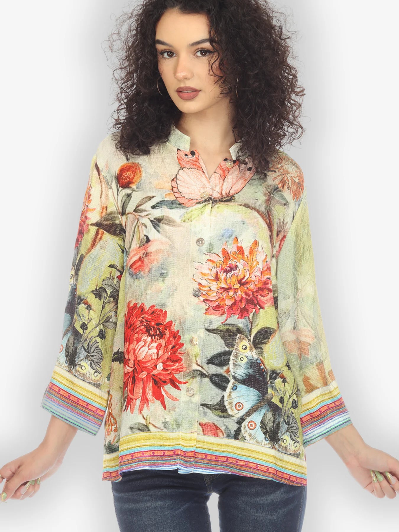 Citron "Chrysanthemum and Butterfly" Silk Blouse - 1213CAB