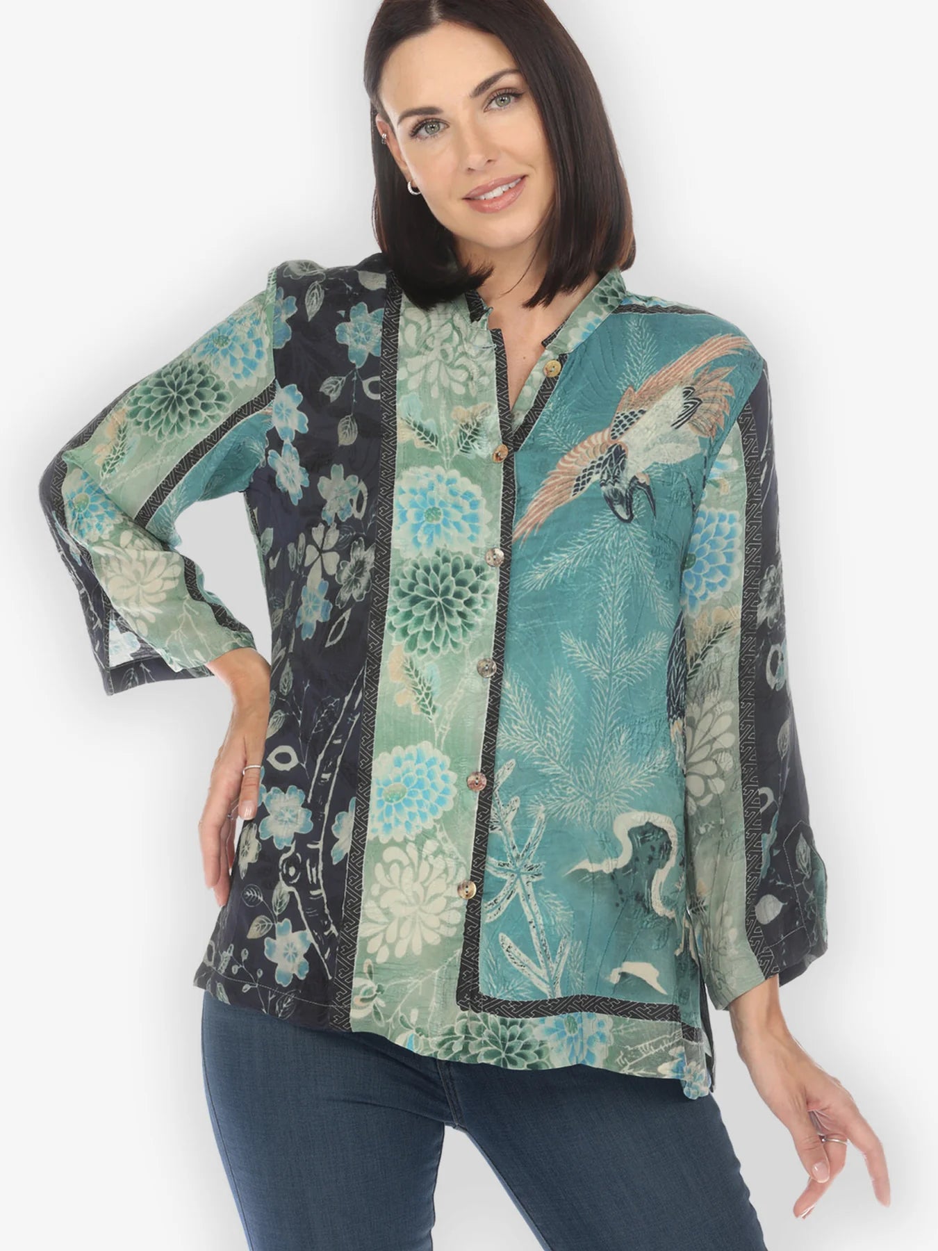 Citron "Crane Bamboo Floral" Silk Blend Blouse - 1213CBF