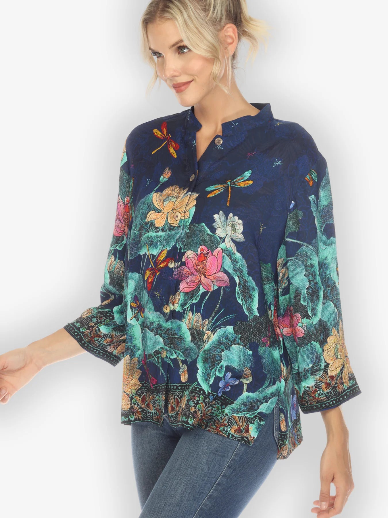 Citron "Dragonfly Lotus Turquoise" Silk Blouse - 1213DLT