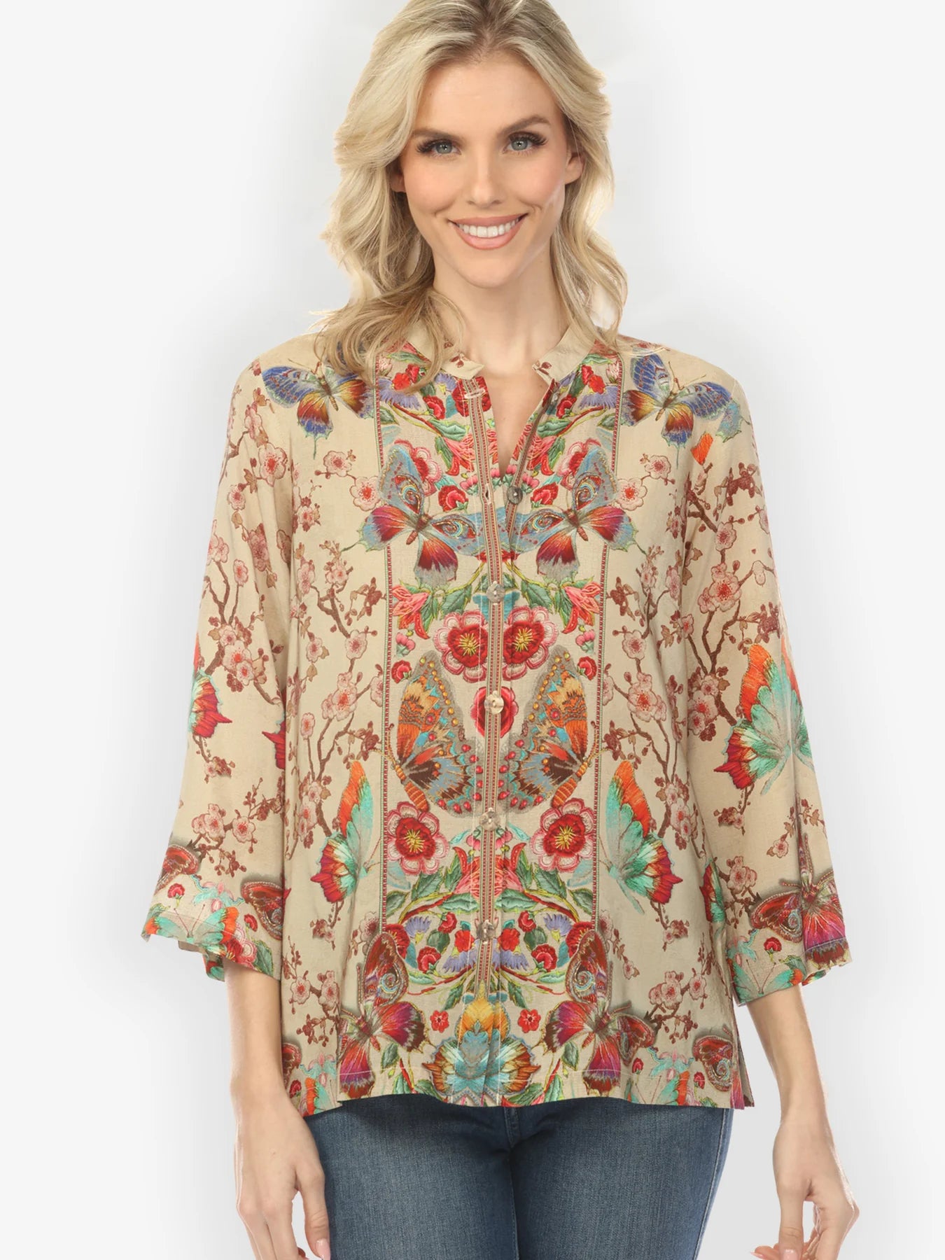 Citron "Embroidery Butterflies Blossoms in Sand" Silk Blouse - 1213EBBS
