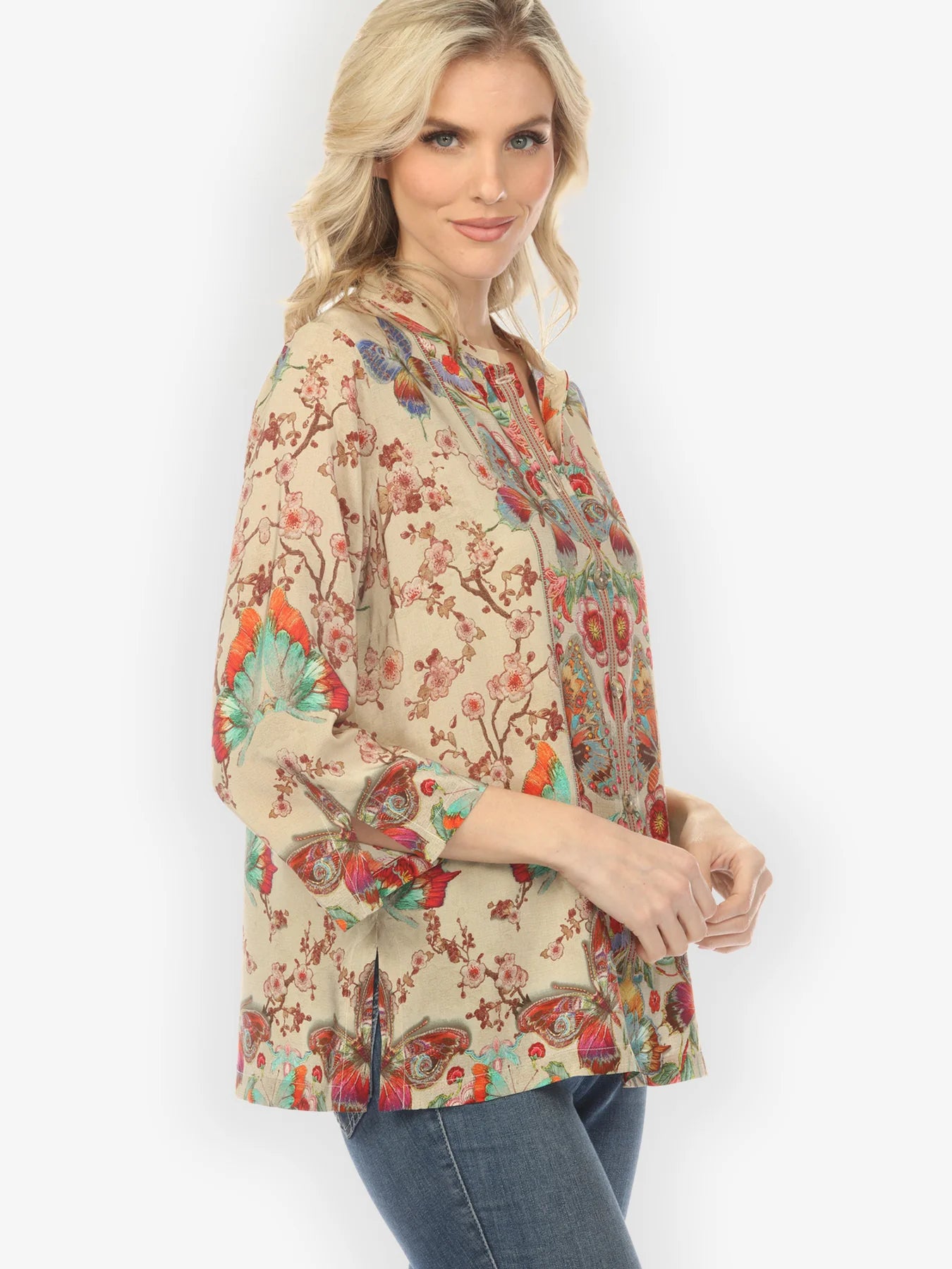 Citron "Embroidery Butterflies Blossoms in Sand" Silk Blouse - 1213EBBS