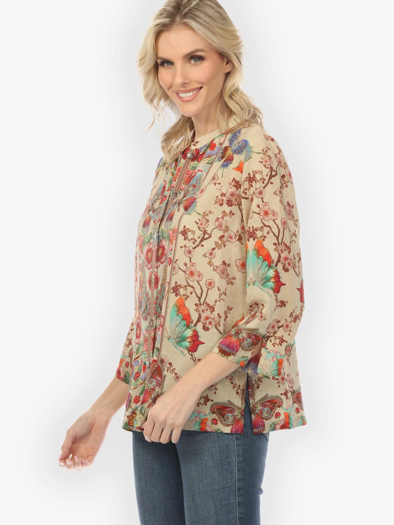 Citron "Embroidery Butterflies Blossoms in Sand" Silk Blouse - 1213EBBS