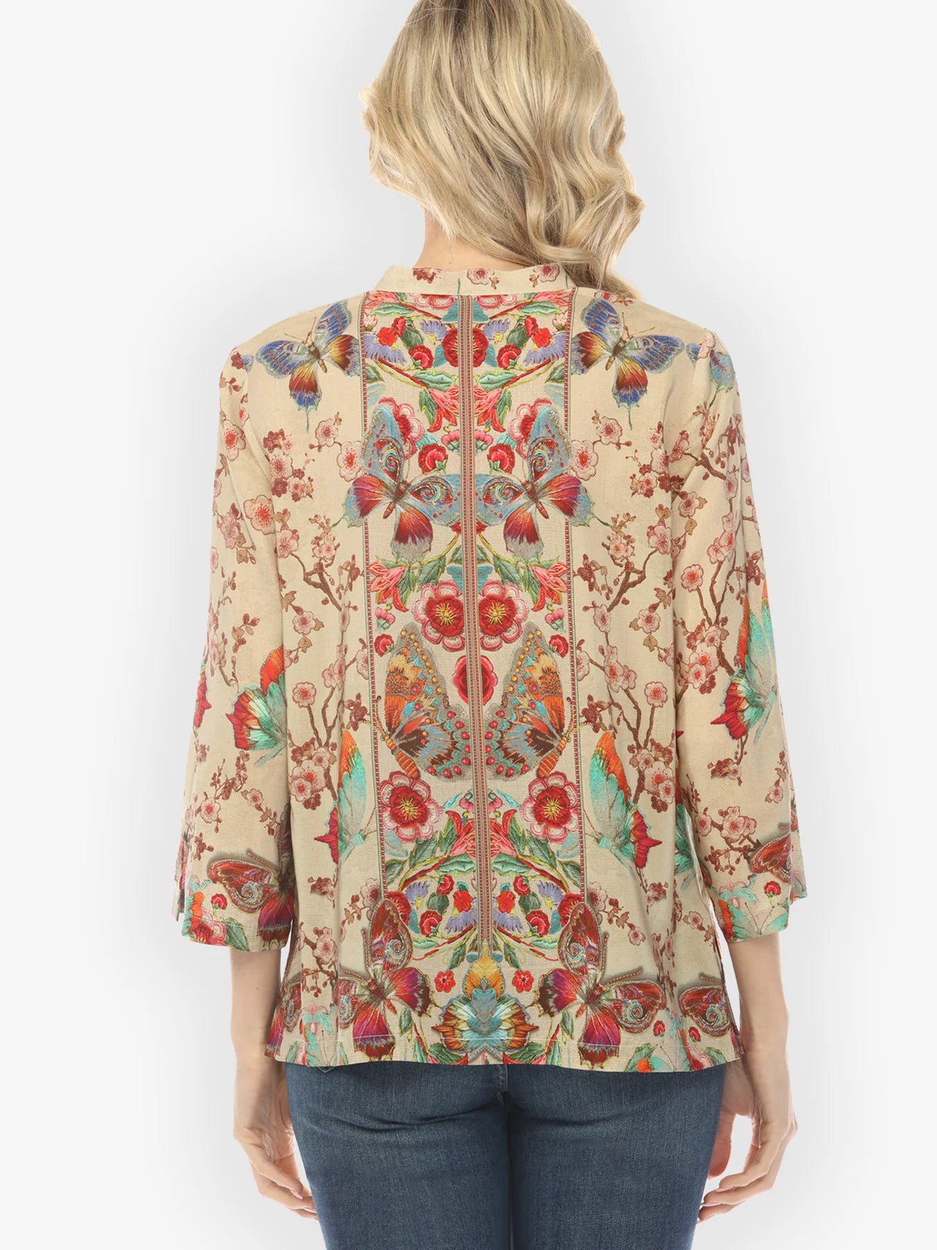 Citron "Embroidery Butterflies Blossoms in Sand" Silk Blouse - 1213EBBS
