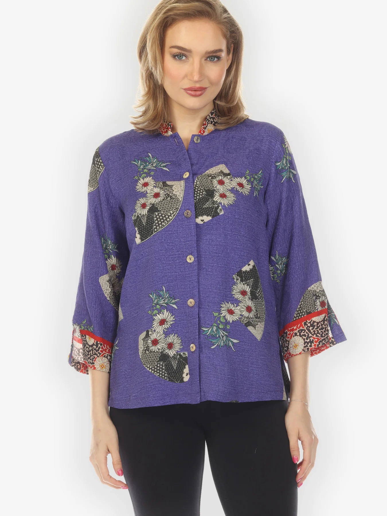 Citron "Fans with Flowers Boarder Blouse" Silk Blouse - 1213FWFB