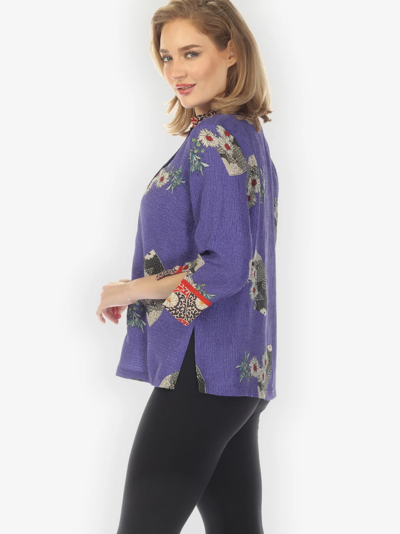 Citron "Fans with Flowers Boarder Blouse" Silk Blouse - 1213FWFB