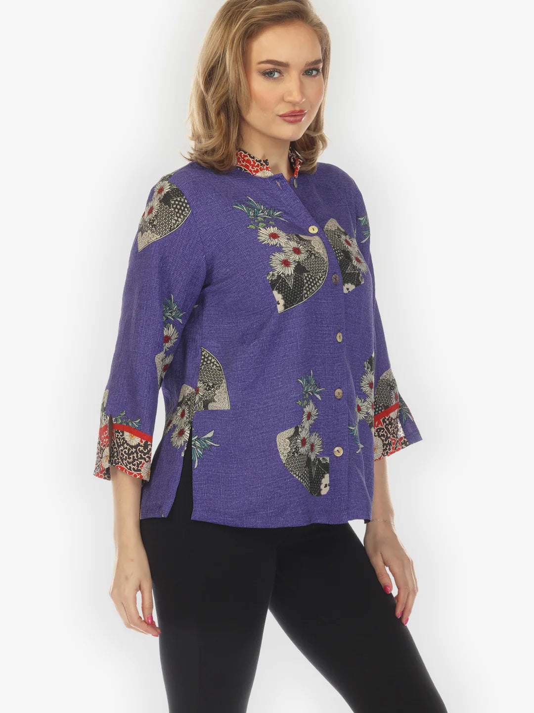 Citron "Fans with Flowers Boarder Blouse" Silk Blouse - 1213FWFB