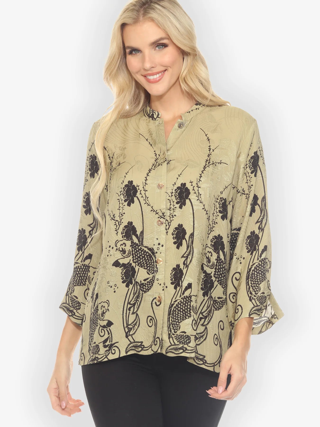 Citron "Graceful Fish Flowers in Khaki" Classic Silk Blouse - 1213GFFK