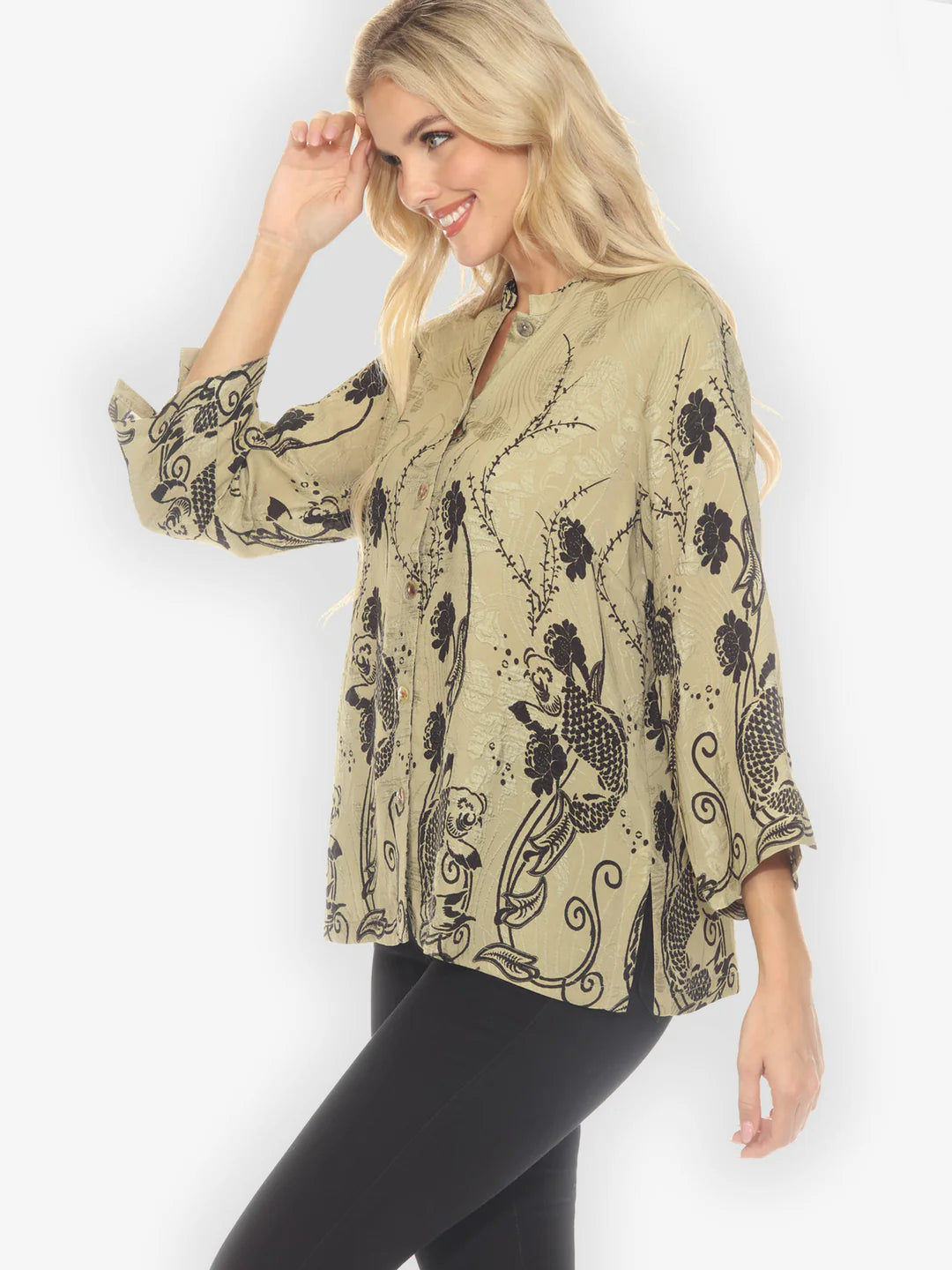 Citron "Graceful Fish Flowers in Khaki" Classic Silk Blouse - 1213GFFK