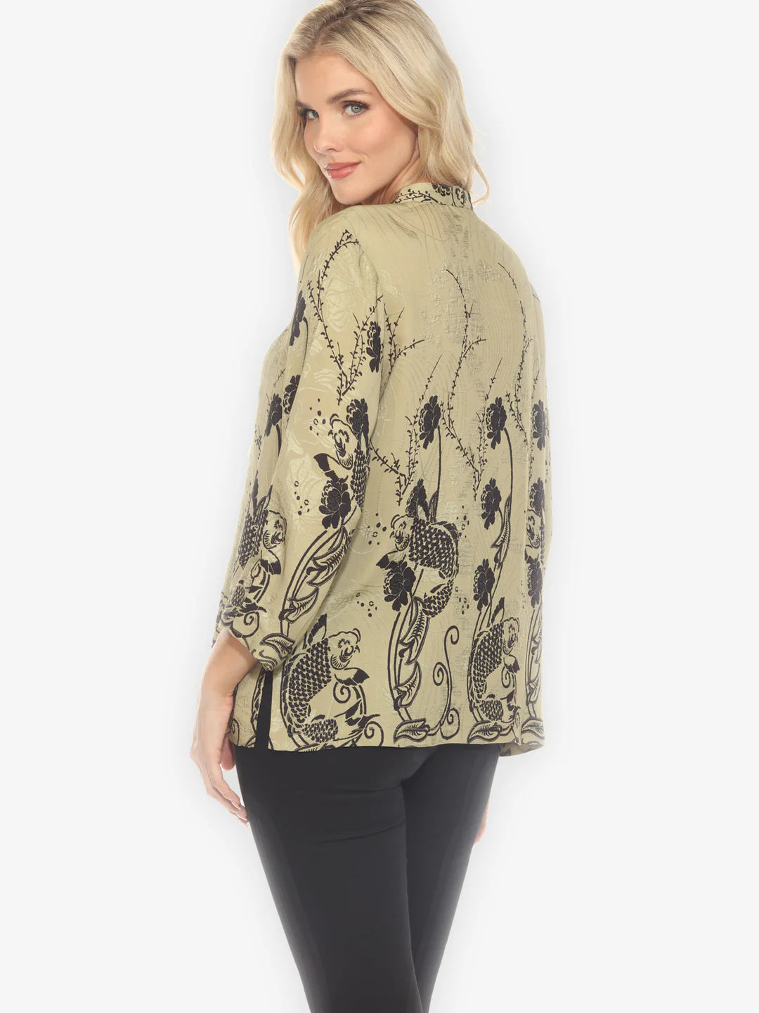Citron "Graceful Fish Flowers in Khaki" Classic Silk Blouse - 1213GFFK