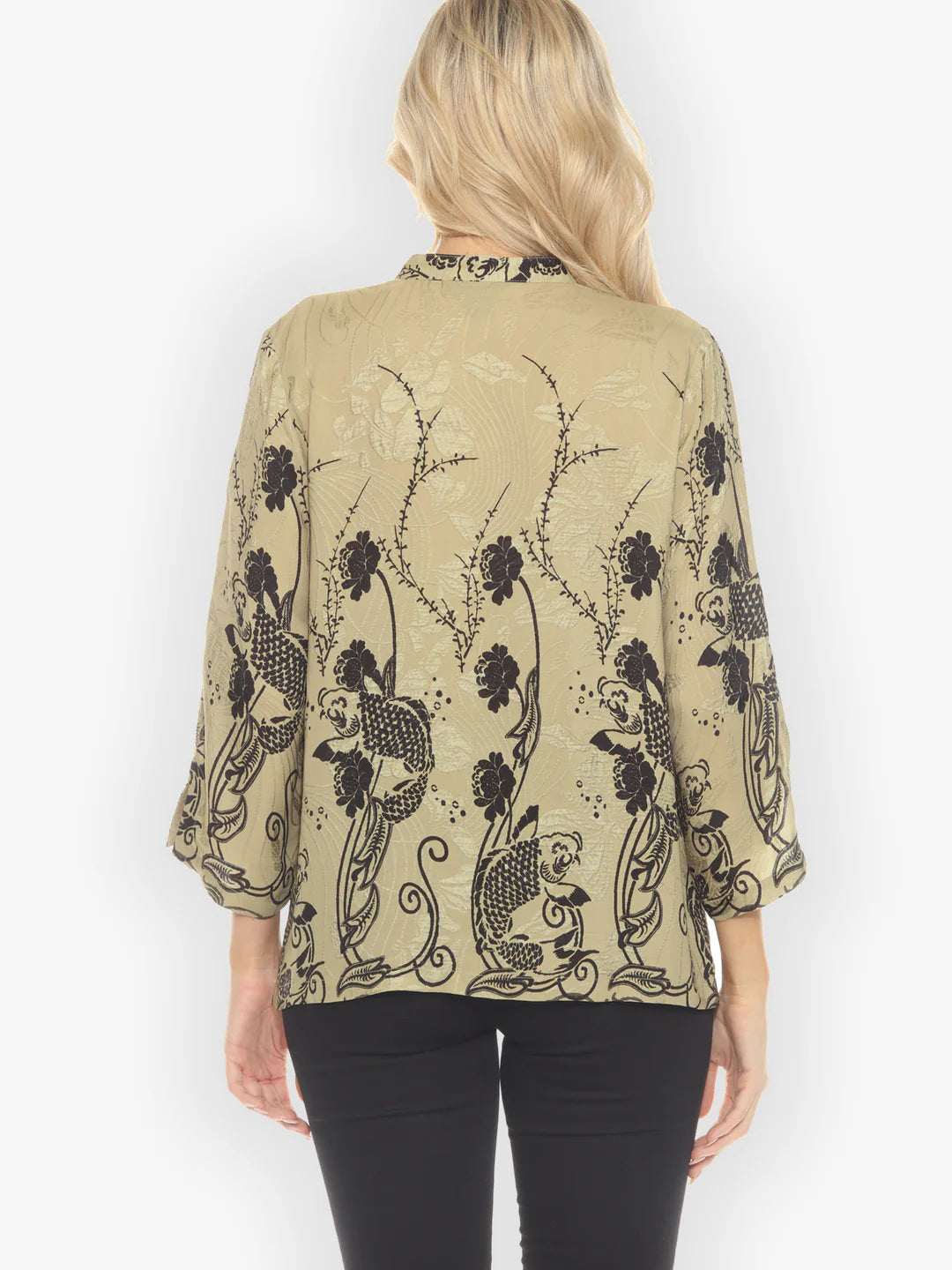 Citron "Graceful Fish Flowers in Khaki" Classic Silk Blouse - 1213GFFK